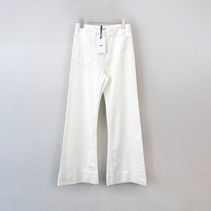 celine back pocket blue triomphe embroidery white flared jeans